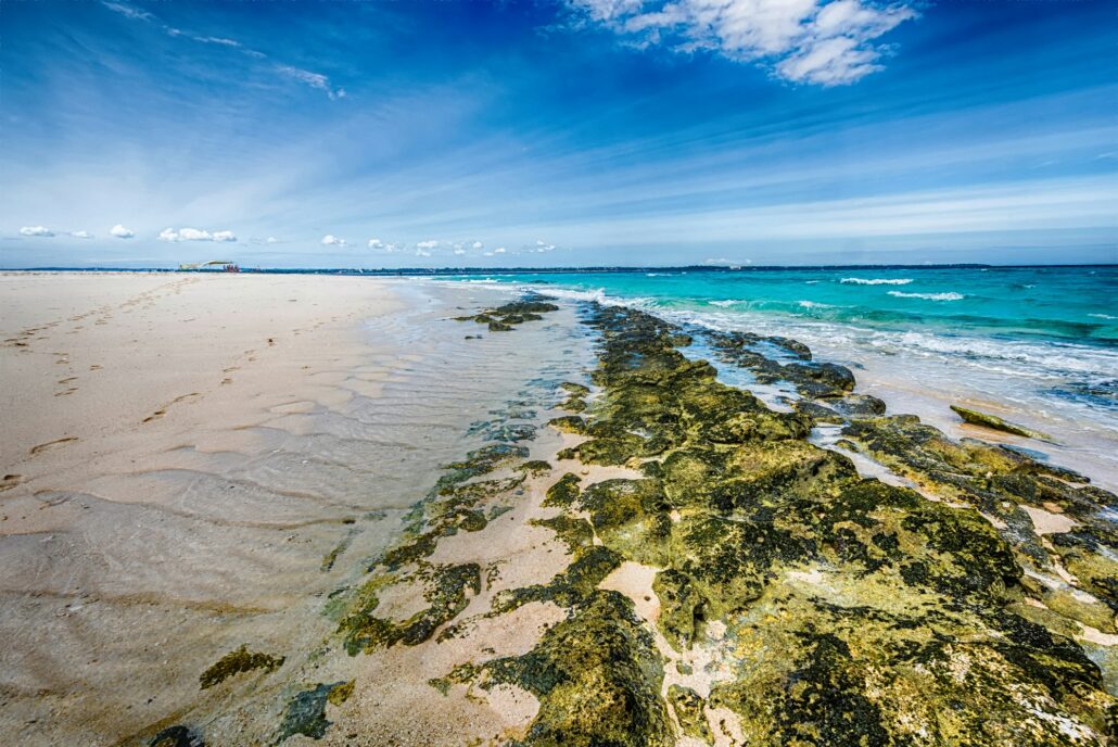stony seashore and clear water with blue sky on the background