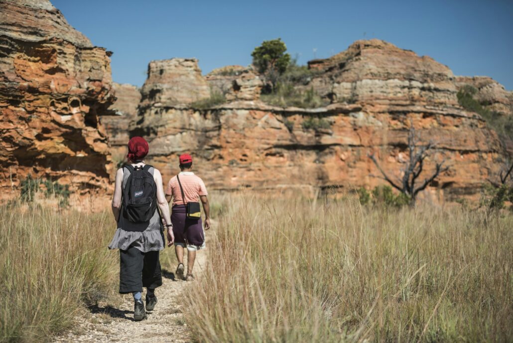 Tourists hiking in Isalo National Park, Ihorombe Region, Southwest Madagascar
