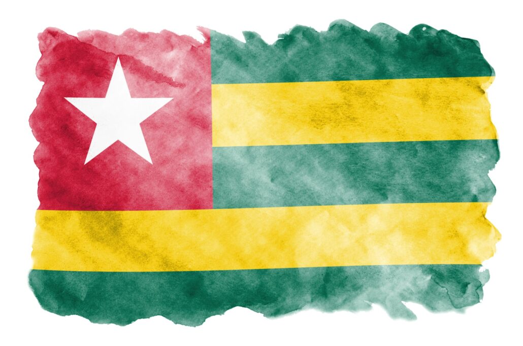 Togo flag is depicted in liquid watercolor style isolated on white background